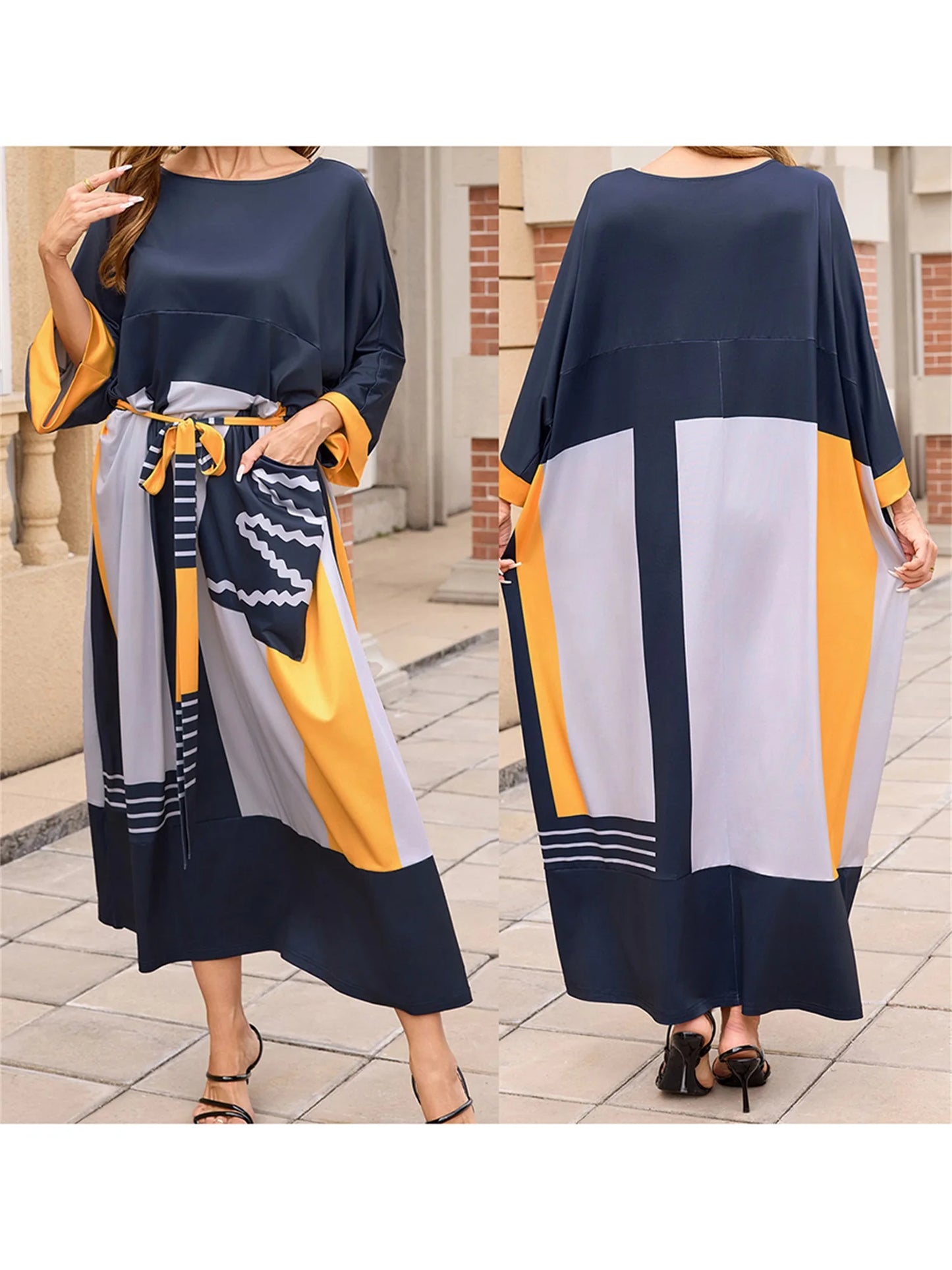 Elegant Mu Women s Ramadan Dress with 3 4 Sleeves and Boat Neckline Flowy Long Gown with Contrast Color Detailing Perfect