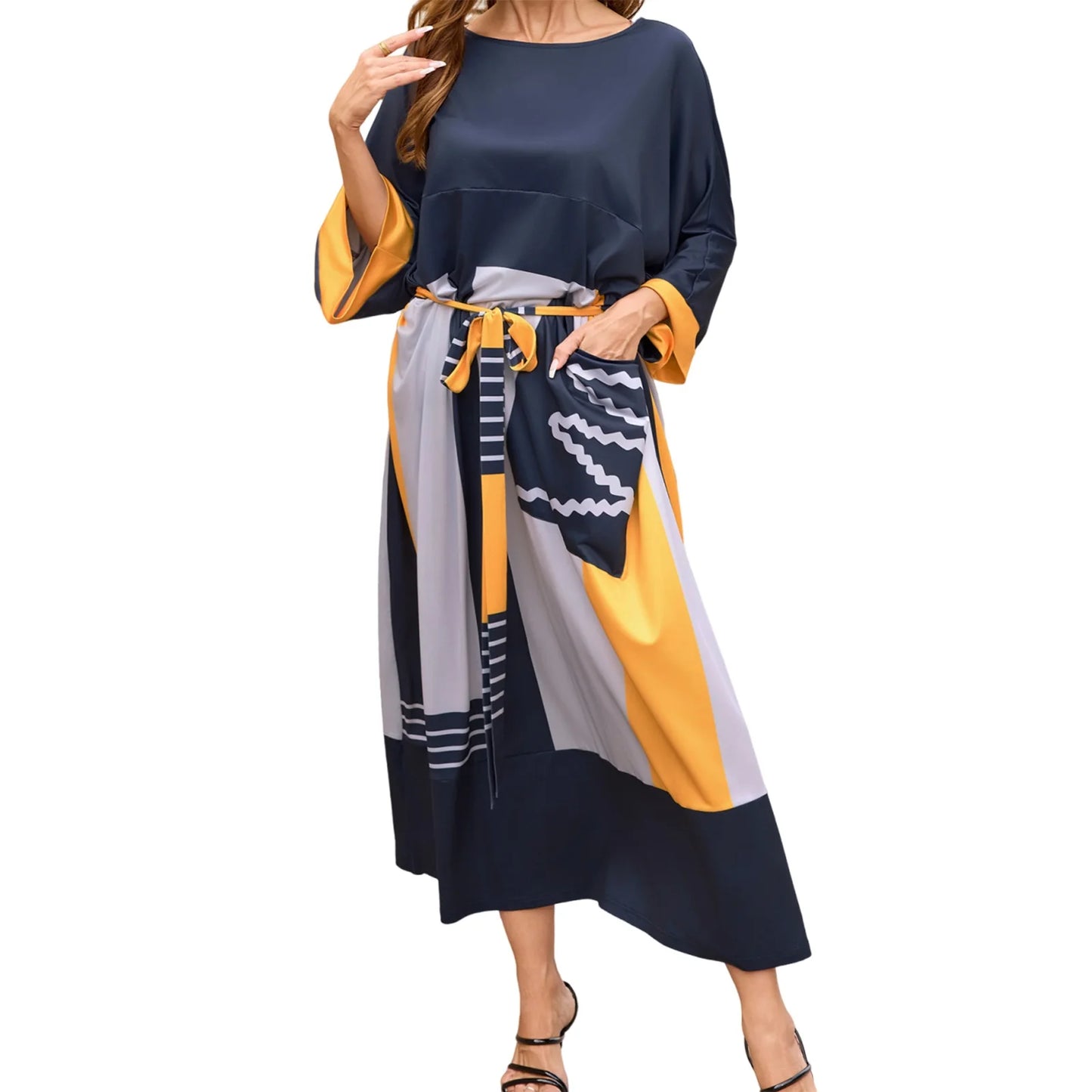 Elegant Mu Women s Ramadan Dress with 3 4 Sleeves and Boat Neckline Flowy Long Gown with Contrast Color Detailing Perfect