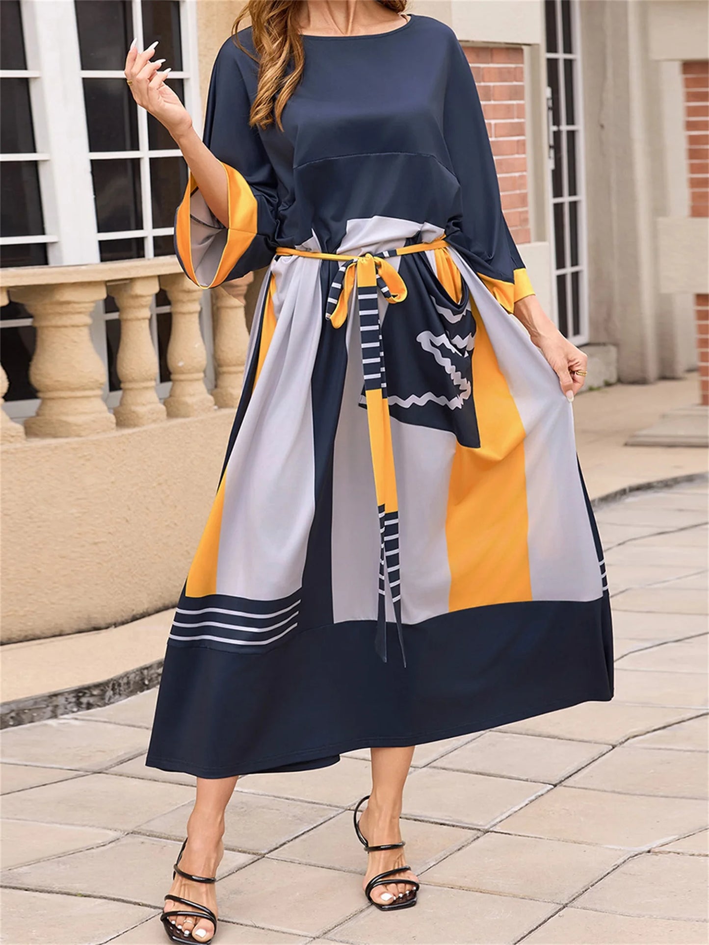 Elegant Mu Women s Ramadan Dress with 3 4 Sleeves and Boat Neckline Flowy Long Gown with Contrast Color Detailing Perfect