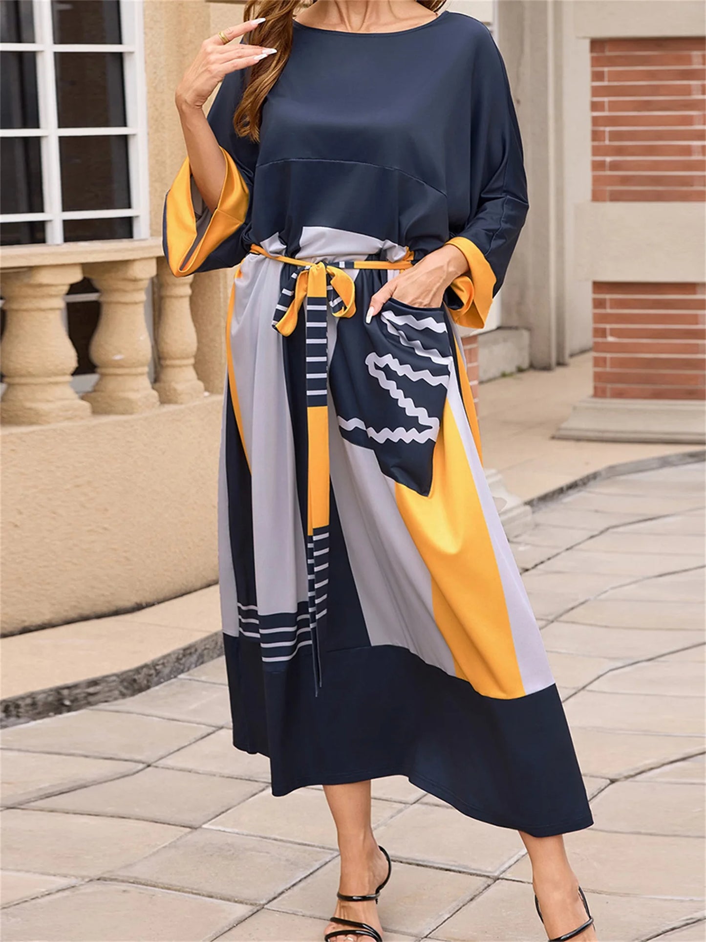 Elegant Mu Women s Ramadan Dress with 3 4 Sleeves and Boat Neckline Flowy Long Gown with Contrast Color Detailing Perfect