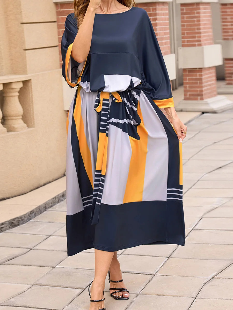Elegant Mu Women s Ramadan Dress with 3 4 Sleeves and Boat Neckline Flowy Long Gown with Contrast Color Detailing Perfect